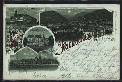 Mondschein-Lithographie Friedrichroda, Kurhaus, Schloss Reinhardsbrunn, Neuer Bahnhof, Gesamtansicht