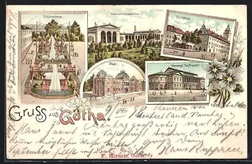 Lithographie Gotha, Rathaus, Schlossberg, Verbrennungshalle, Post, Herzogl. Hoftheater
