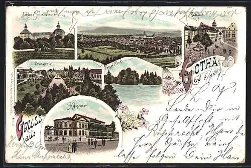 Lithographie Gotha, Panorama, Schloss Friedenstein, Rathaus, Orangerie & Hoftheater