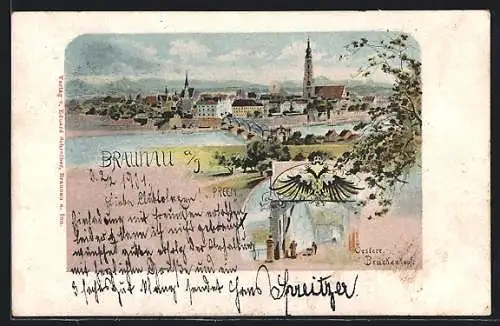 AK Braunau a. I., Österr. Brückenkopf, Ortsansicht mit Kirche