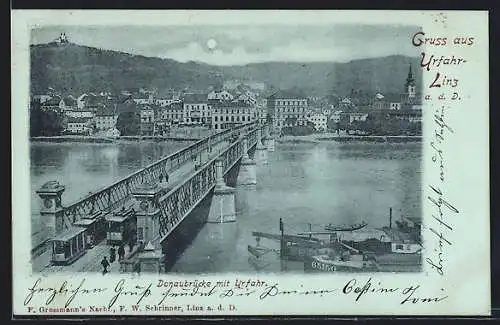 Mondschein-AK Urfahr /Linz a. d. D., Donaubrücke mit Strassenbahn und Dampfer
