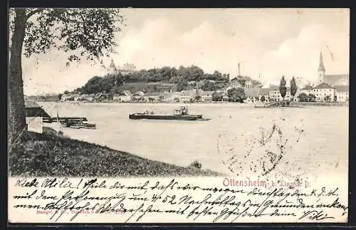 AK Ottensheim, Ortsansicht mit Lastkahn auf der Donau