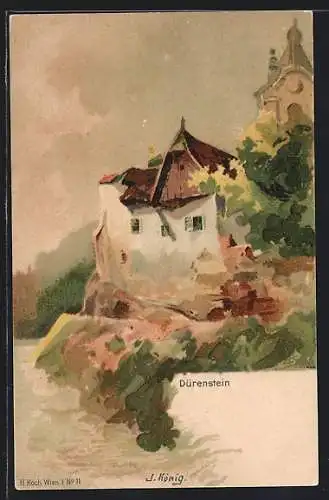 Lithographie Dürenstein, Haus an der Donau