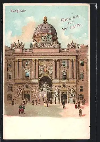 Lithographie Wien, Tor der Hofburg mit Passanten
