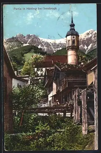 AK Hötting bei Innsbruck, Ortspartie mit Blick zum Glockenturm