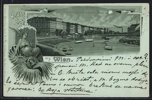 Mondschein-Lithographie Wien, Franz Josef`s Quai und Stephanie-Brücke