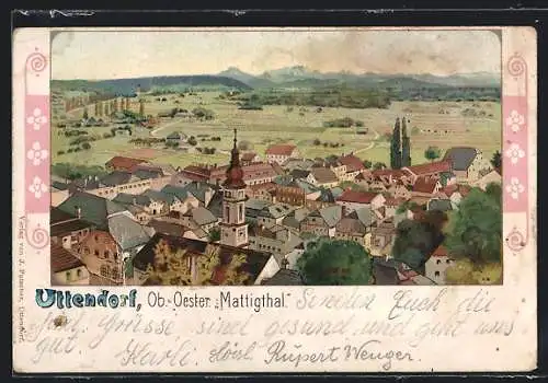 Lithographie Uttendorf /Ob.-Oester., Mattigthal mit Turm
