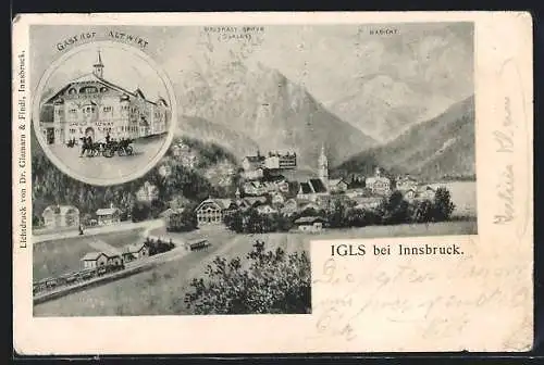 Künstler-AK Igls bei Innsbruck, Gasthof Altwirt, Bahnhof mit Waldrast-Spitze Serles und Habicht