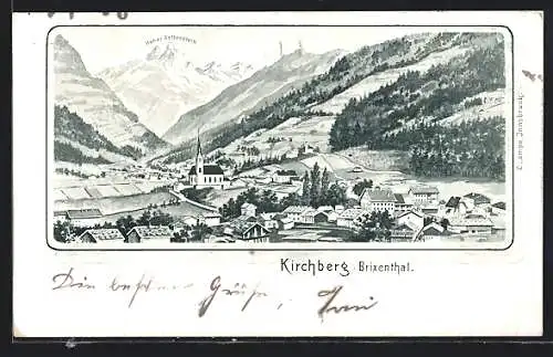 Künstler-AK Kirchberg /Brixenthal, Teilansicht mit Kirche und Hohem Rettenstein