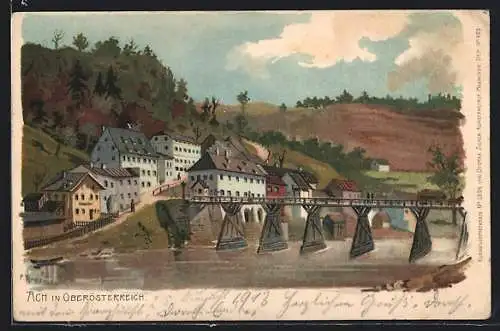 Lithographie Ach in Oberösterreich, Uferpartie mit Brücke