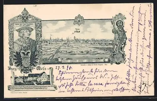 AK Wels, Teilansicht 1640, Burg Wels, Imperator Maximilianus Pius Felix Augustus