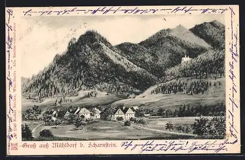 Künstler-AK Mühldorf b. Scharnstein, Ortspartie mit Bergen