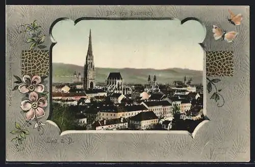 AK Linz a. D., Blick vom Bauernberg mit Kirche, Passepartout