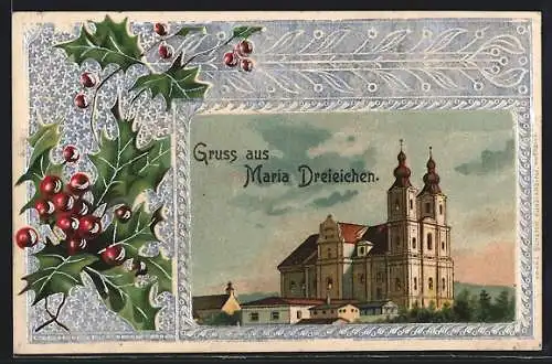 Präge-AK Maria Dreieichen, Blick zur Kirche, Mistelzweig, Passepartout