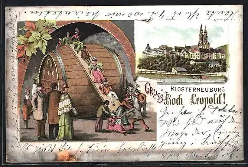 Lithographie Klosterneuburg, Teilansicht mit Kirche, Fasslrutschen