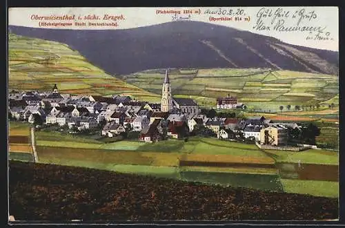 AK Oberwiesenthal i. sächs. Erzgeb., Ortsansicht mit Kirche aus der Vogelschau
