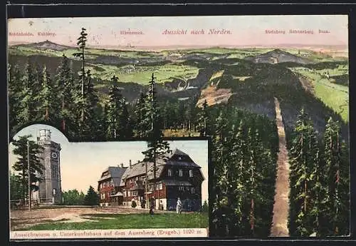 AK Wildenthal, Aussichtsturm u. Unterkunftshaus auf dem Auersberg, Aussicht nach Norden