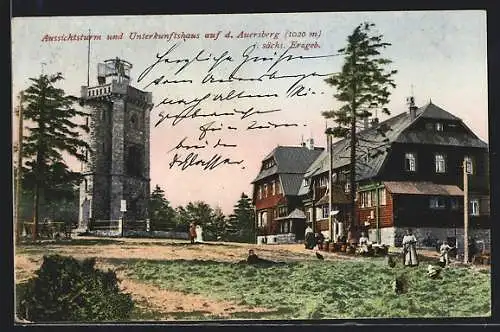 AK Auersberg /sächs. Erzgeb., Aussichtsturm und Gasthaus Unterkunftshaus