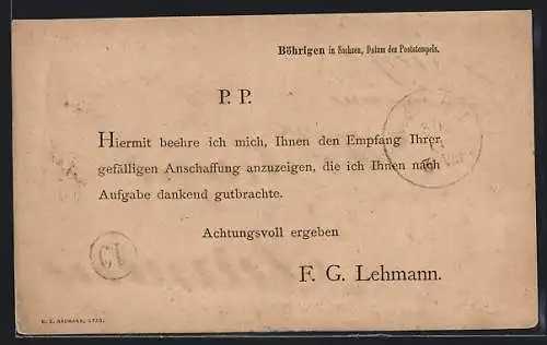 AK Böhrigen in Sachsen, Geschäftskorrespondenz F. G. Lehmann