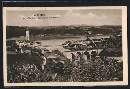 AK Vilshofen, Ortsansicht mit der Mündung der Vils in die Donau