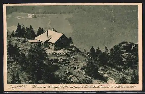 AK Arber /Bayer. Wald, Blick vom Arbergipfel auf die Berghütte Arberschutzhaus