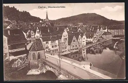 AK Calw, Blick auf die Nikolausbrücke, Uhrmacher Louis Rist