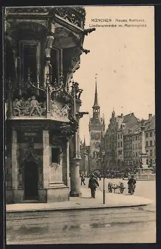 AK München, Neues Rathaus, Lindwurmecke m. Marienplatz