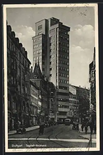 AK Stuttgart, Strassenbahn passiert das Tagblatt-Hochhaus