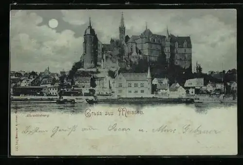 Mondschein-AK Meissen, Blick auf die Albrechtsburg