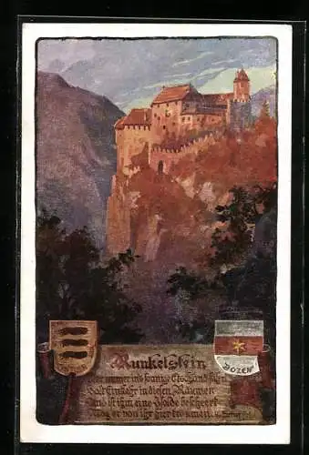 Künstler-AK Die Burg Runkelstein im Abendrot mit Wappen