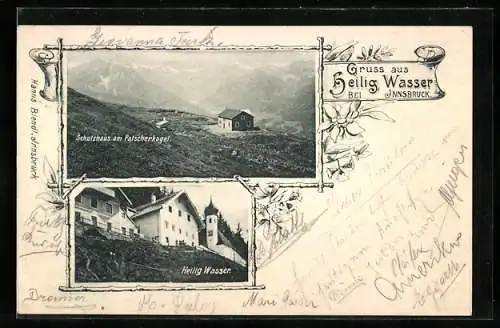 AK Heilig Wasser bei Innsbruck, Schutzhaus am Patscherkogel, Teilansicht mit Kirche