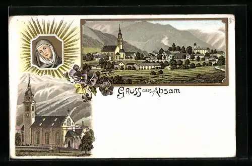 Lithographie Absam, Kirche, Ortsansicht, Maria in Aureole