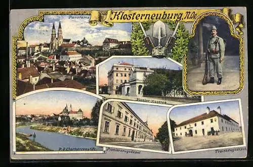 AK Klosterneuburg, Panorama der Stadt, Chorherrenstift, Pionier-Kaserne, Trainzeugsdepot