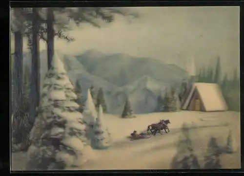 3D-AK Pferdeschlitten im verschneiten Wald