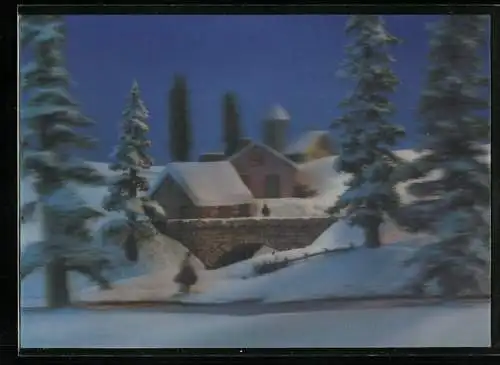 3D-AK Winterlandschaft, verschneites Dorf mit Kirche