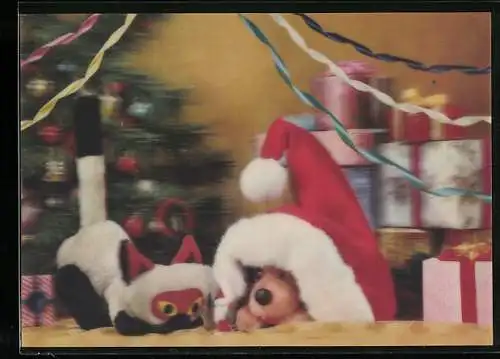 3D-AK Christbaum mit Geschenken und Kuscheltiere mit Weihnachtsmannmütze