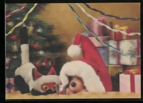 3D-AK Christbaum mit Geschenken und Kuscheltiere mit Weihnachtsmannmütze
