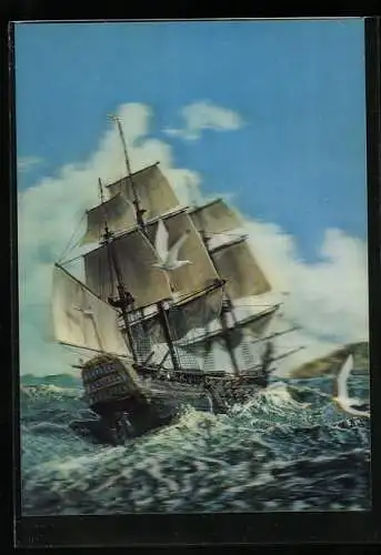 3D-AK Segelschiff auf See, Möwen