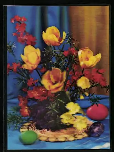 3D-AK Blumenstrauss mit Tulpen und bunten Eiern zu Ostern