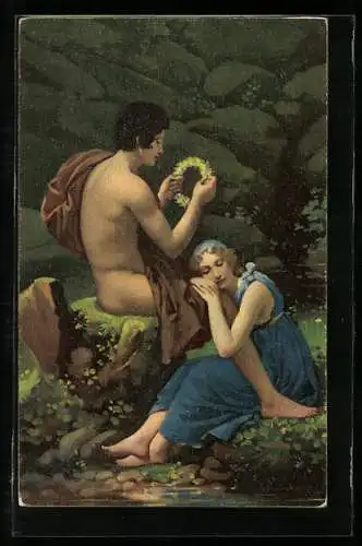 Künstler-AK Stengel & Co. Nr. 29442: Daphnis und Chloe, Paar mit Blumenkranz