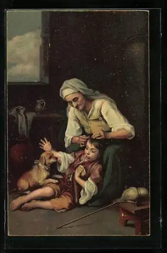 Künstler-AK Stengel & Co. Nr. 29977: Old Woman with Boy, Hund