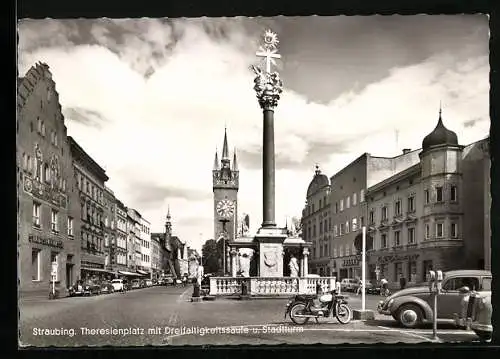 AK Straubing, Theresienplatz mit Dreifaötigkeitssäule u. Stadtturm