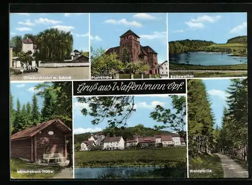 AK Waffenbrunn /Opf., Münchsbach-Hütte, Schloss und Badeweiher