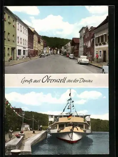 AK Obernzell an der Donau, Schiff am Anleger, Strassenpartie mit Autos