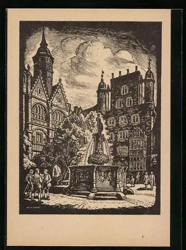 Künstler-AK Alt-Hildesheim, Am Marktplatz mit Brunnen