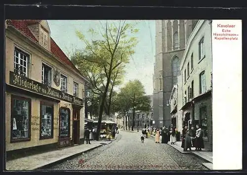 AK Kevelaer, Ecke Hauptstrasse und Kapellenplatz mit Geschäft von Butzon & Bercker