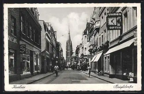 AK Kevelaer, Hauptstrasse mit Geschäften und Kirche