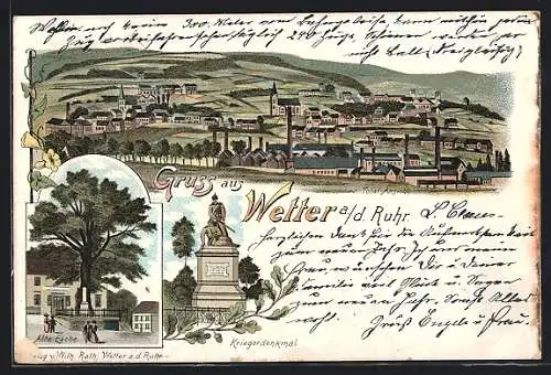 Lithographie Wetter / Ruhr, Alte Eiche, Ortsansicht mit Fabrikschornsteine, Denkmal