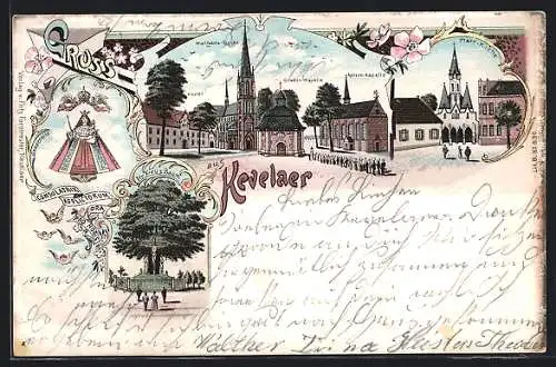 Lithographie Kevelaer, Kloster, Wallfahrts-Kirche, Kerzen-Kapelle und Gnaden-Kapelle, Pfarr-Kirche, Der Kreuz-Baum