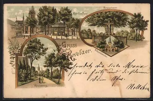 Lithographie Kevelaer, Kreuzbaum, Kapellen-Platz, Pfarrkiche